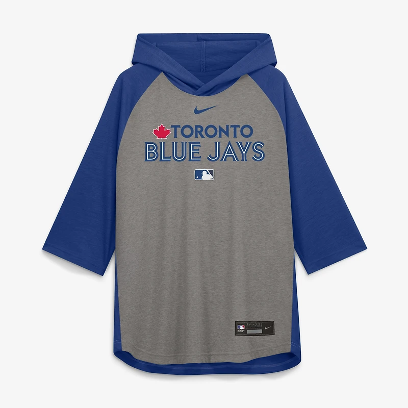 T-shirt à capuche raglan 3/4 manches Nike Authentic Collection Flux Dri-FIT pour homme, gris chiné/bleu royal, Blue Jays de Toronto