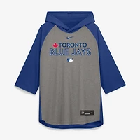 T-shirt à capuche raglan 3/4 manches Nike Authentic Collection Flux Dri-FIT pour homme, gris chiné/bleu royal, Blue Jays de Toronto