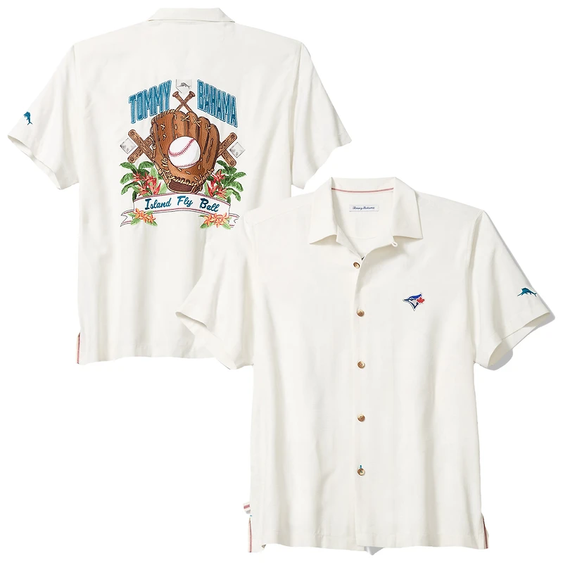 Chemise boutonnée Tommy Bahama blanche pour homme, Toronto Blue Jays Island Fly Ball Camp, en mélange de trois fibres COOLMAX.