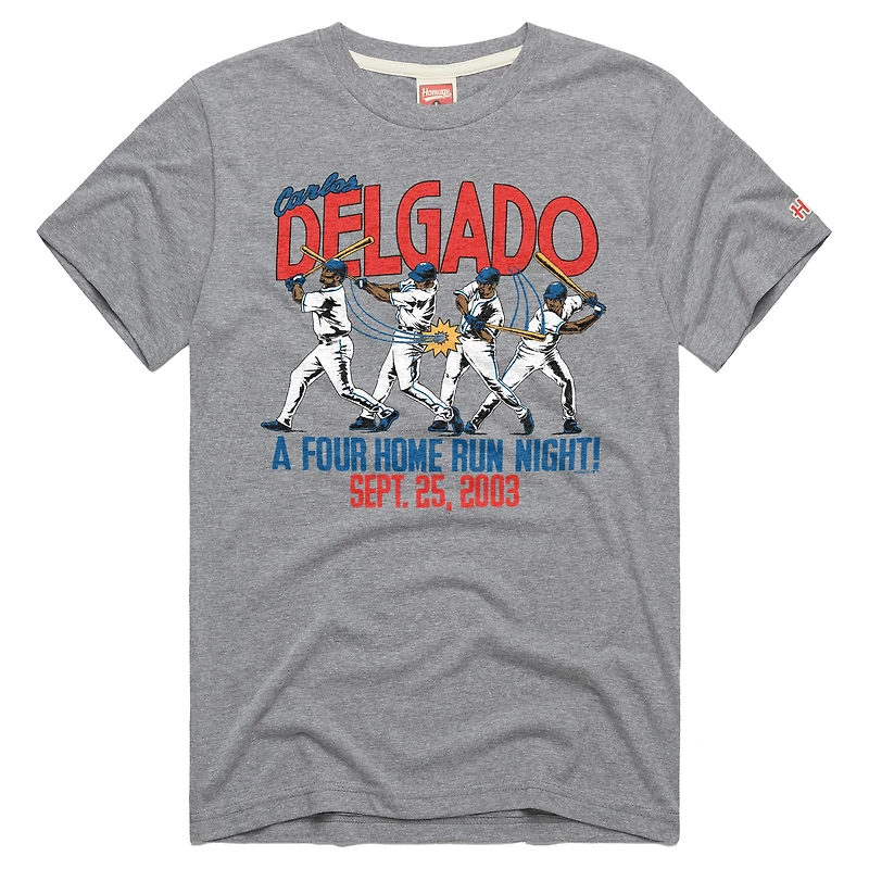 T-shirt unisexe Hommage à Carlos Delgado, gris, Toronto Blue Jays, soirée quatre coups de circuit ! Mélange trois matières