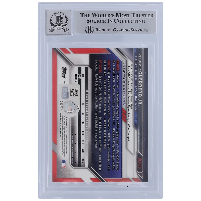 Vladimir Guerrero Jr. Toronto Blue Jays Autographié 2016 Bowman Chrome Prospects 1er Bowman #BCP55 Beckett Fanatics Témoin Authentifié 10 Carte