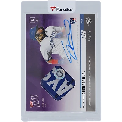 Vladimir Guerrero Jr. Les Blue Jays de Toronto ont autographié la carte Topps 2019 maintenant violette, le plus jeune joueur à avoir réussi un 2e match du Grand Chelem. La carte recrue tricolore de base utilisée n° 601C n° 25/25