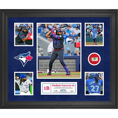 Collage encadré de 5 photos de Vladimir Guerrero Jr. des Blue Jays de Toronto avec un morceau de ballon utilisé lors du match