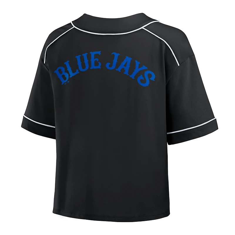 T-shirt court surdimensionné à col en V pour femme, motif Fanatics, noir, des Blue Jays de Toronto