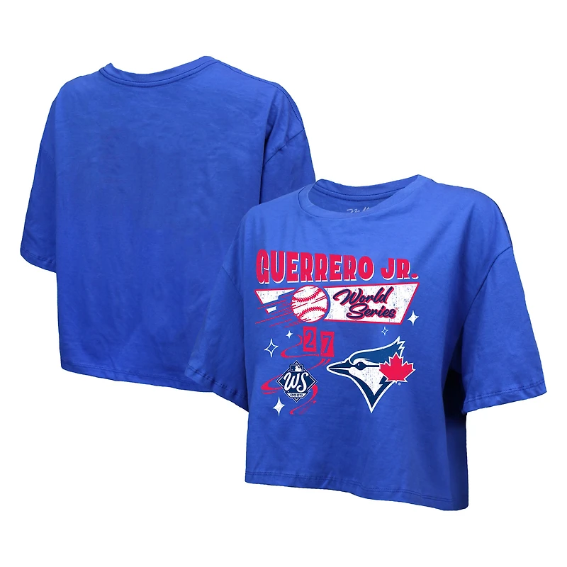 T-shirt court et carré pour femme Majestic Threads Vladimir Guerrero Jr. Royal Toronto Blue Jays Série mondiale 2025 Nom numéro