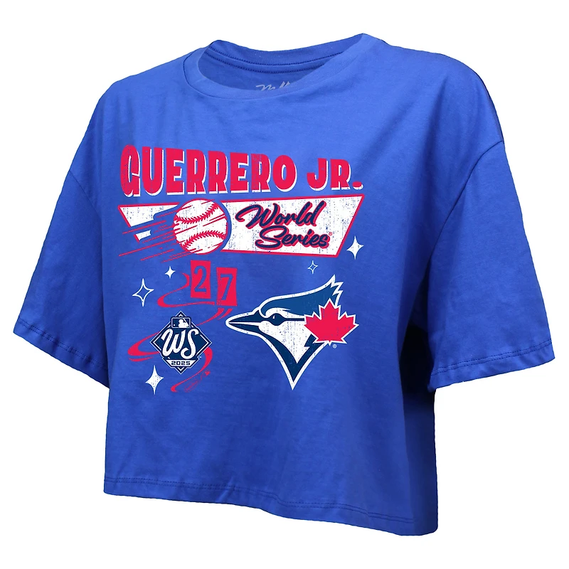 T-shirt court et carré pour femme Majestic Threads Vladimir Guerrero Jr. Royal Toronto Blue Jays Série mondiale 2025 Nom numéro