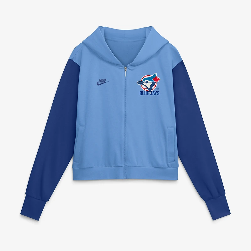 Sweat à capuche court zippé Nike pour femme, bleu poudré/bleu royal, collection Cooperstown des Blue Jays de Toronto