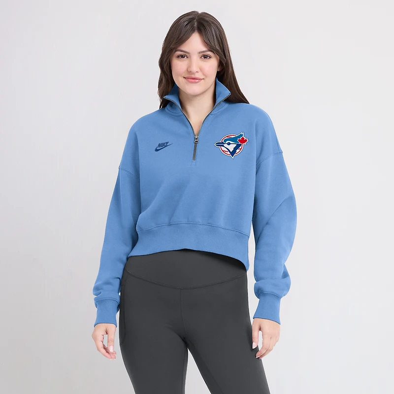 Sweat-shirt à demi-zip en molleton Nike bleu poudre Toronto Blue Jays Cooperstown Collection Phoenix pour femme