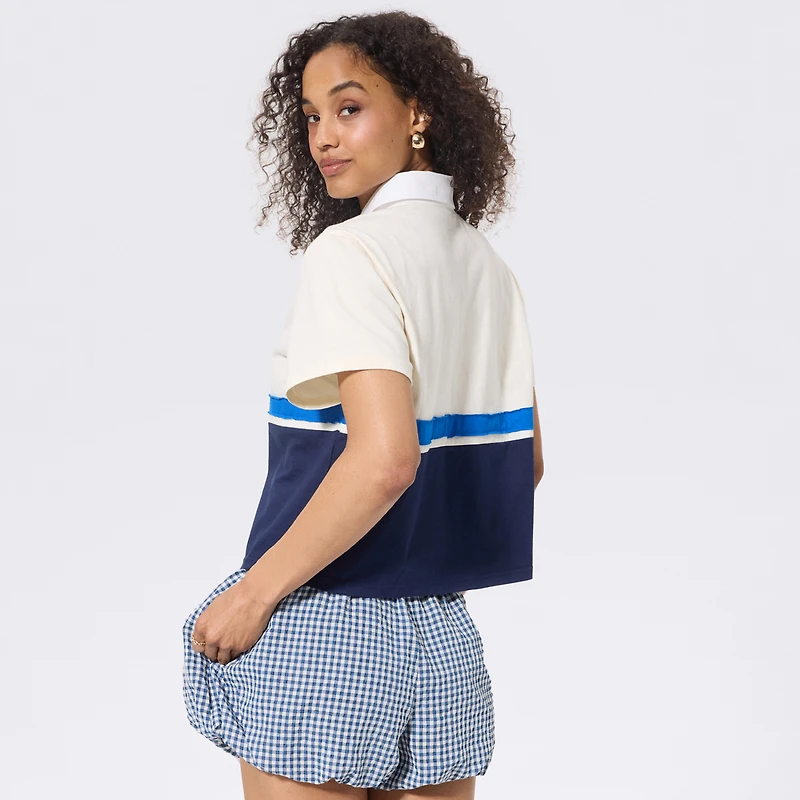 Women's Terez Cream Toronto Blue Jays Cropped Rugby Polo