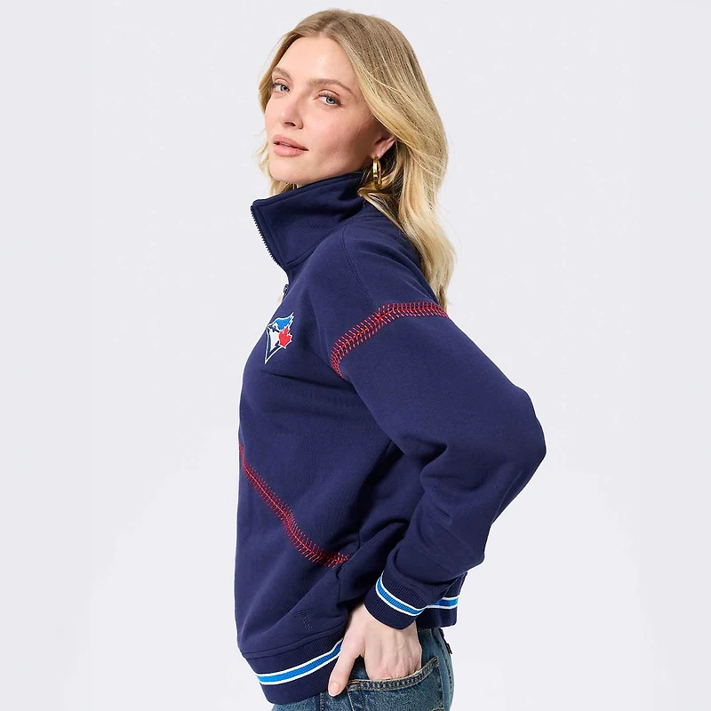 Women's Terez Navy Toronto Blue Jays Baseball Stitch Quarter-Zip Pullover