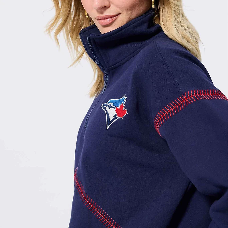 Women's Terez Navy Toronto Blue Jays Baseball Stitch Quarter-Zip Pullover