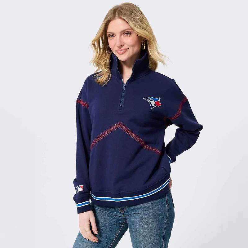 Women's Terez Navy Toronto Blue Jays Baseball Stitch Quarter-Zip Pullover
