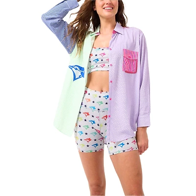 Women's Terez Pink/Blue Toronto Blue Jays Color Block Button-Up Long Sleeve Shirt