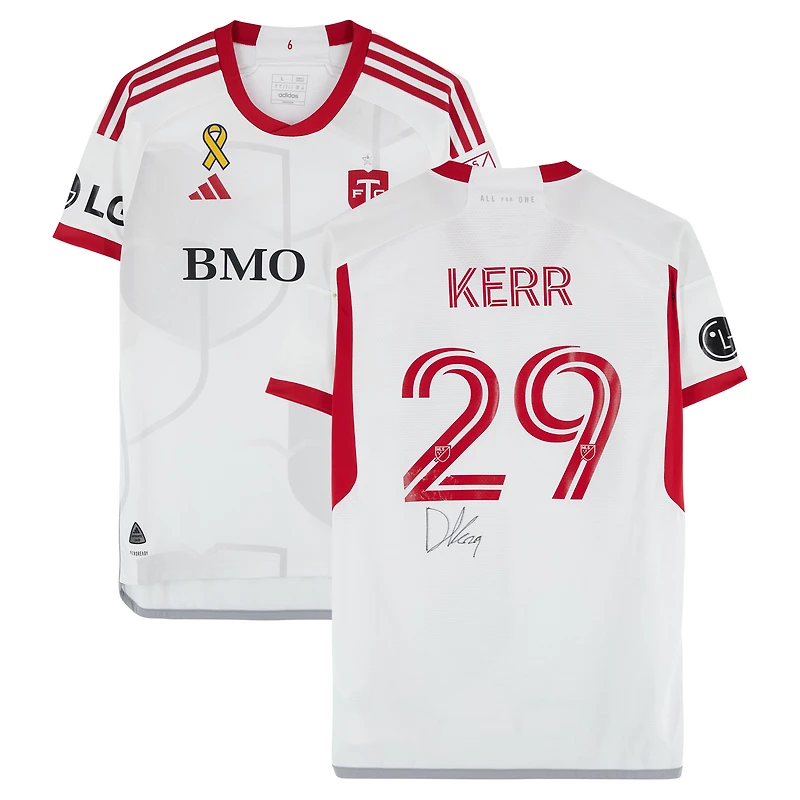 Maillot adidas blanc dédicacé par Deandre Kerr du Toronto FC, numéro 29, utilisé lors de la saison 2024 de la MLS - Taille L
