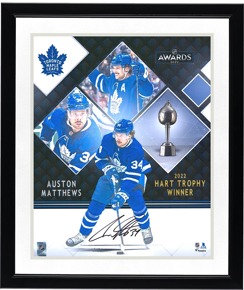 Photo stylisée autographiée d'Auston Matthews, joueur des Maple Leafs de Toronto, lauréat du trophée Hart 2022 (16 po x 20 po).