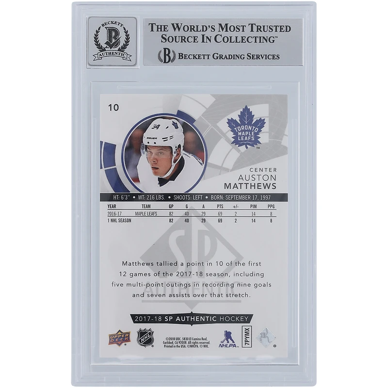 Auston Matthews Toronto Maple Leafs Autographié 2017-18 Upper Deck SP Authentique #10 Beckett Fanatics Witnessed Authentifié Carte /10