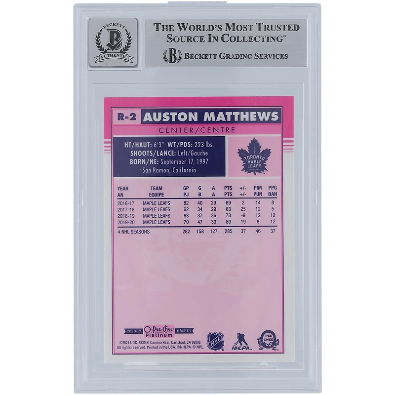 Carte 10 autographiée 2020-21 Upper Deck O-Pee-Chee Platinum Retro Gold Ink #R-2 Beckett Fanatics Witnessed Authenticated avec inscription « 2017 Calder » par Auston Matthews des Maple Leafs de Toronto