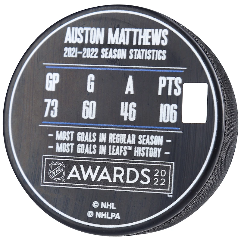 Rondelle de hockey autographiée par Auston Matthews des Maple Leafs de Toronto, gagnant du trophée Hart 2022 - Édition limitée à 134 exemplaires
