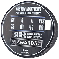 Rondelle de hockey autographiée par Auston Matthews des Maple Leafs de Toronto, gagnant du trophée Hart 2022 - Édition limitée à 134 exemplaires