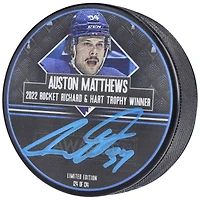 Rondelle de hockey autographiée par Auston Matthews des Maple Leafs de Toronto, gagnant du trophée Hart 2022 - Édition limitée à 134 exemplaires