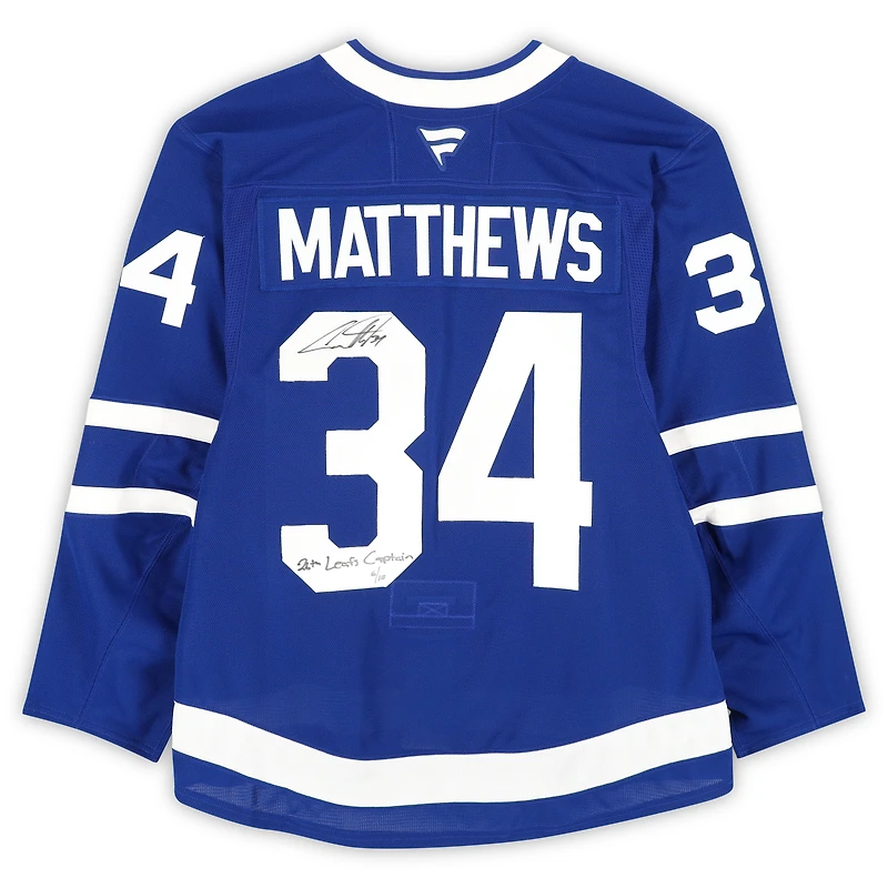 Maillot authentique Pro dédicacé par Auston Matthews des Maple Leafs de Toronto, avec inscription « 26th Leafs Captain » - Édition limitée à 10 exemplaires