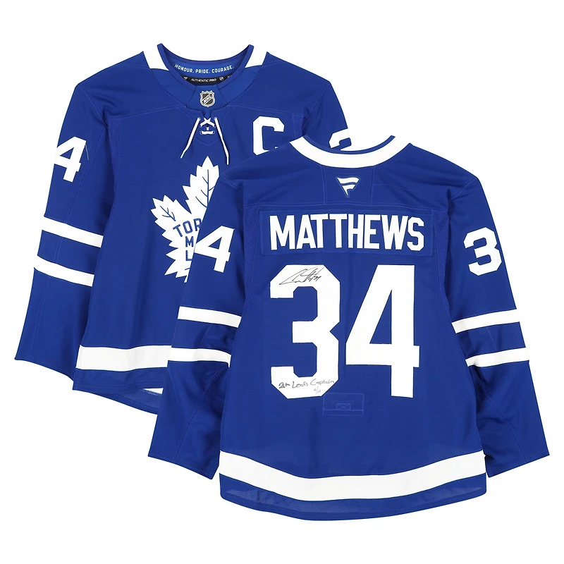 Maillot authentique Pro dédicacé par Auston Matthews des Maple Leafs de Toronto, avec inscription « 26th Leafs Captain » - Édition limitée à 10 exemplaires
