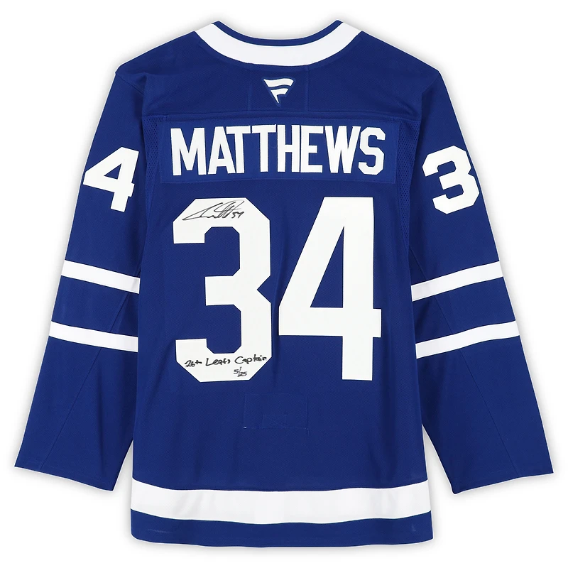 Maillot premium dédicacé par Auston Matthews des Maple Leafs de Toronto, avec inscription « 26th Leafs Captain » - Édition limitée à 25 exemplaires