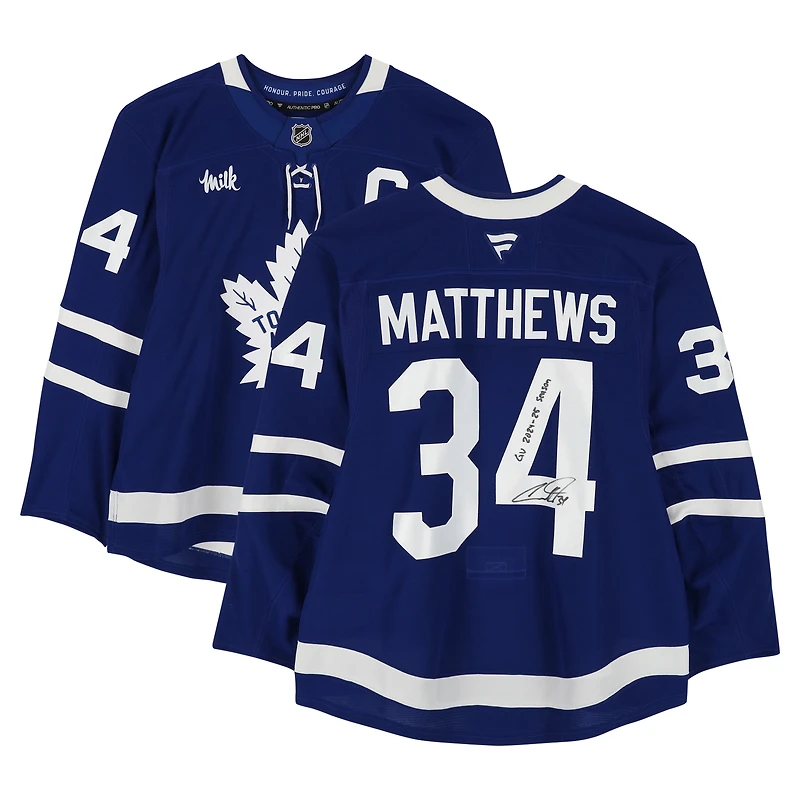Maillot bleu autographié par Auston Matthews des Maple Leafs de Toronto, porté en match (numéro 34), saison 2024-2025 de la LNH, avec inscription « GU Saison 2024-2025 » - NF70452344
