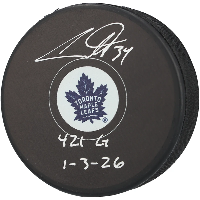 Auston Matthews Toronto Maple Leafs Autographed Hockey Puck with "421G 1-3-26" Inscription