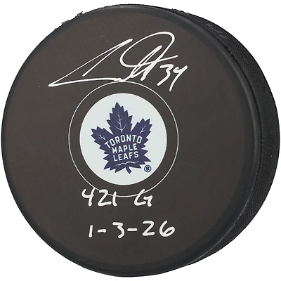 Auston Matthews Toronto Maple Leafs Autographed Hockey Puck with "421G 1-3-26" Inscription