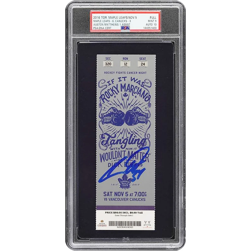 Billet autographié par Auston Matthews des Maple Leafs de Toronto, saison recrue, authentifié par PSA (note 9/10