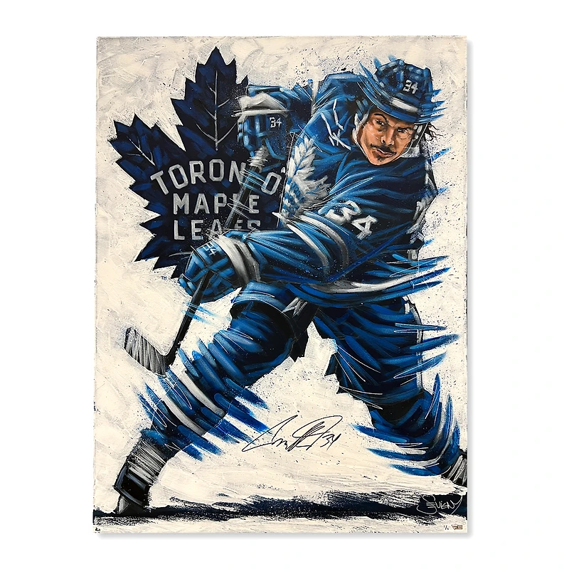 Auston Matthews, joueur des Maple Leafs de Toronto, autographié sur toile tendue (76 x 102 cm) - Illustration d'Eric Sevigny - Exemplaire n° 1 d'une édition limitée.