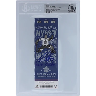 Billet autographié par Auston Matthews des Maple Leafs de Toronto, daté du 4 avril 2017, avec inscription « Calder 2017 » - Note Beckett/Fanatics : 10
