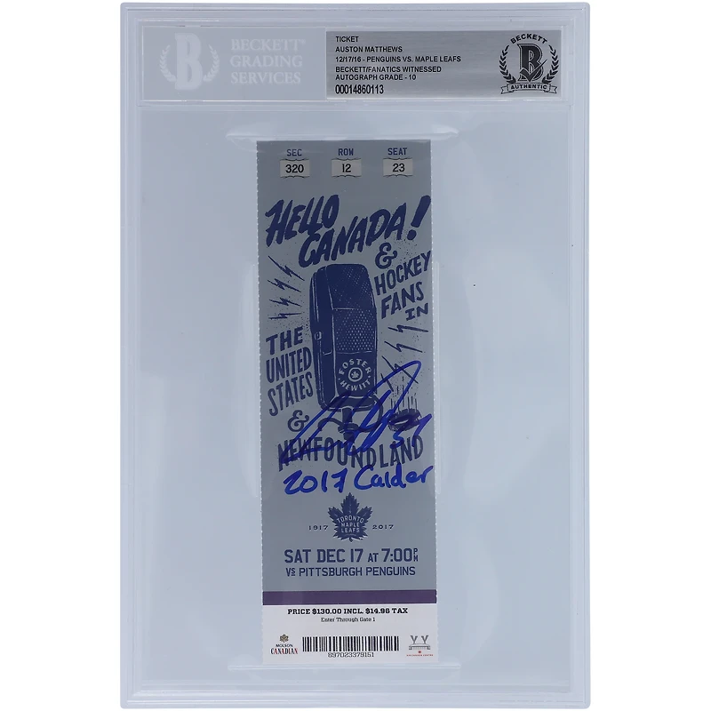 Auston Matthews Toronto Maple Leafs Autographed Ticket from December 2016 with "2017 Calder" Inscription