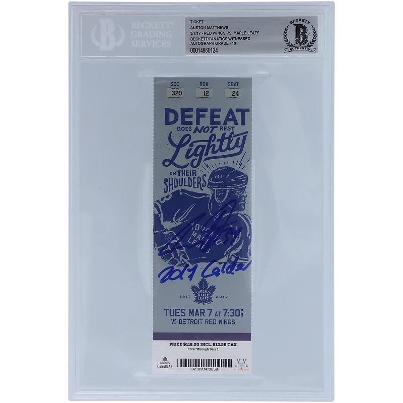 Auston Matthews Toronto Maple Leafs Autographed Ticket from March 7 2017 with "2017 Calder" Inscription - Beckett/Fanatics Graded 10