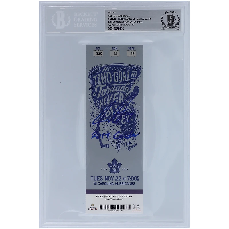 Auston Matthews Toronto Maple Leafs Autographed Ticket from November 2016 with "2017 Calder" Inscription