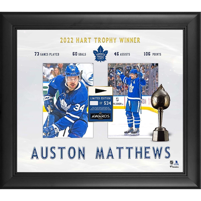 Auston Matthews Toronto Maple Leafs encadré 15'' x 17'' Gagnant du trophée Hart 2022 avec un morceau de rondelle utilisée lors du match - Édition limitée à 534