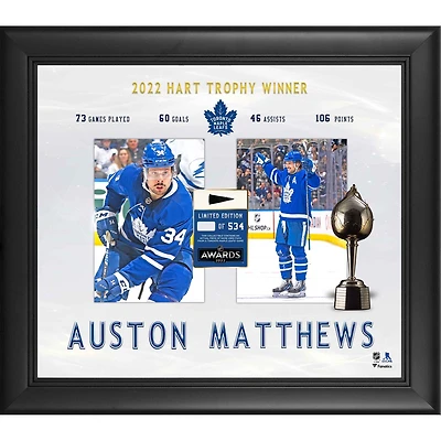 Auston Matthews Toronto Maple Leafs encadré 15'' x 17'' Gagnant du trophée Hart 2022 avec un morceau de rondelle utilisée lors du match - Édition limitée à 534