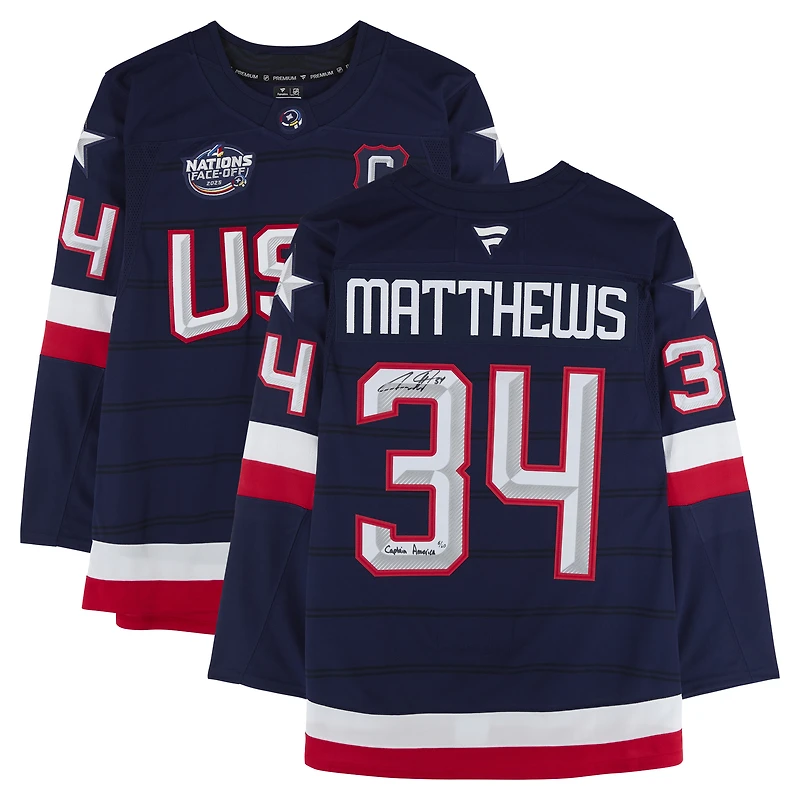 V106832 Leafs Auston Matthews Toronto Maple Leafs Maillot Premium Fanatics Autographié Équipe USA 4 Nations Face-Off avec Inscription « Captain America » - Édition Limitée de 10 34 Auston Matthews AUT HK JERSEY 45854 AUTJERHOC JRSYMA0940 #5