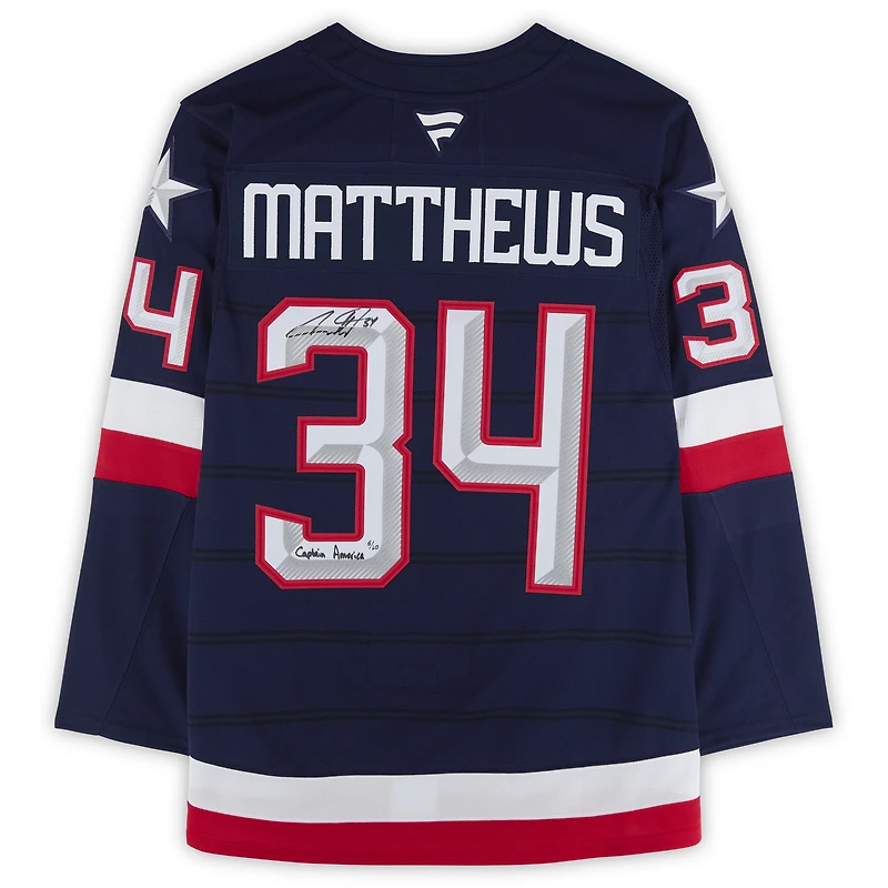 V106832 Leafs Auston Matthews Toronto Maple Leafs Maillot Premium Fanatics Autographié Équipe USA 4 Nations Face-Off avec Inscription « Captain America » - Édition Limitée de 10 34 Auston Matthews AUT HK JERSEY 45854 AUTJERHOC JRSYMA0940 #5