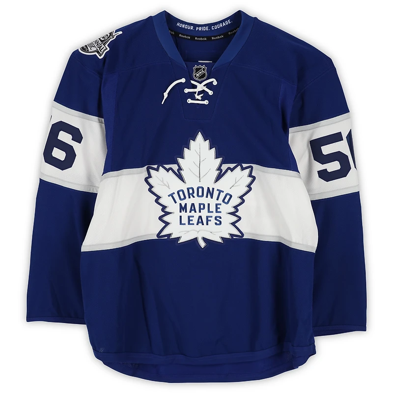 Maillot bleu Reebok n° 56 des Maple Leafs de Toronto, porté par Byron Froese, lors du match contre les Red Wings de Detroit le 1er janvier 2017 – Classique du centenaire de la LNH