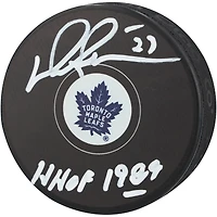 Rondelle de hockey autographiée par Darryl Sittler des Maple Leafs de Toronto avec inscription « HHOF 1989 » - Signature blanche