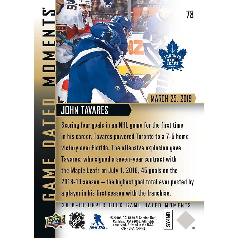Carte à collectionner John Tavares des Maple Leafs de Toronto, non signée, 2018-19 Upper Deck Game Dated Moments n° 78 - Match à quatre buts contre les Panthers de la Floride