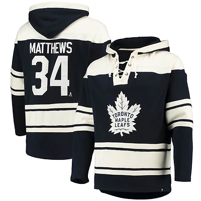 Sweat à capuche bleu Auston Matthews '47 pour homme, avec nom et numéro de joueur des Maple Leafs Toronto, lacets