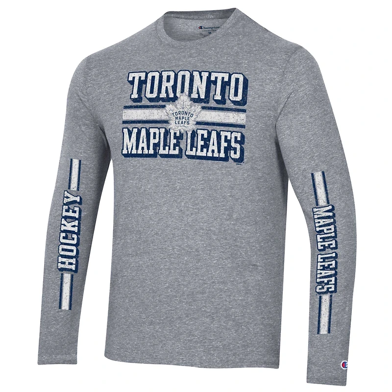 T-shirt à manches longues trois mélanges double bande Champion Heather Grey des Maple Leafs de Toronto pour hommes