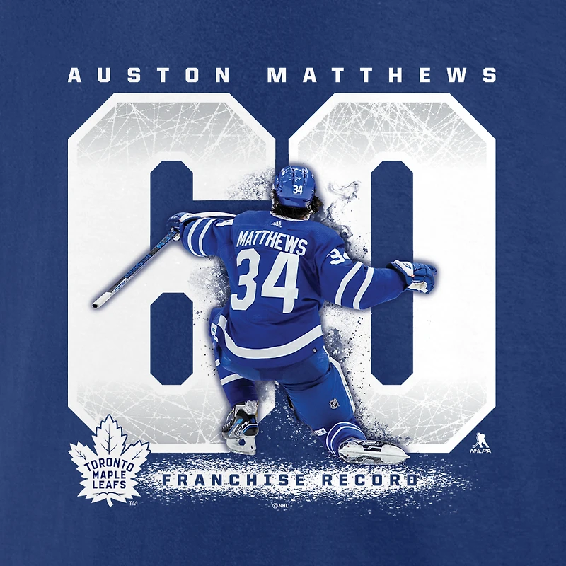 T-shirt bleu Fanatics Auston Matthews des Maple Leafs de Toronto pour hommes, grand et record buts