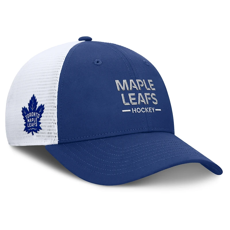 Casquette de camionneur ajustable authentique Pro Rink Lockup bleu/blanc Fanatics pour homme des Maple Leafs de Toronto