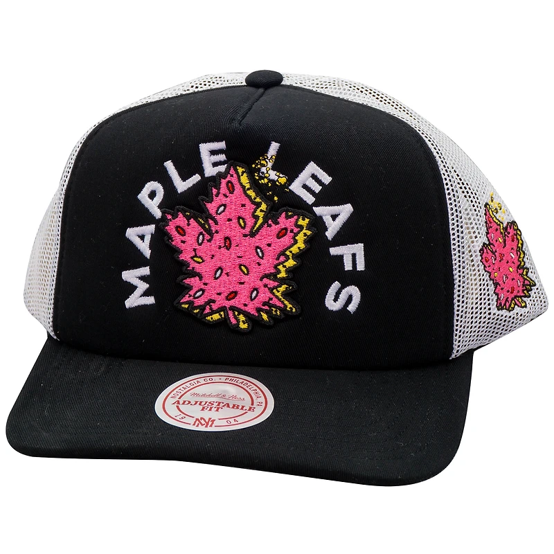 Casquette de camionneur à visière rabattable noire/blanche pour homme des Maple Leafs de Toronto, motif beignet et miettes, Mitchell & Ness