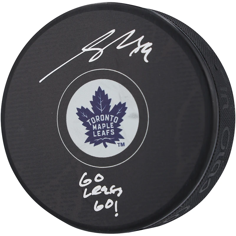Rondelle de hockey autographiée par Nick Robertson des Maple Leafs de Toronto avec l'inscription « Go Leafs Go! »