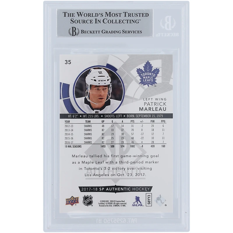 Patrick Marleau Toronto Maple Leafs Autographié 2017-18 Upper Deck SP Authentique #35 Beckett Fanatics Carte Authentifiée Témoin